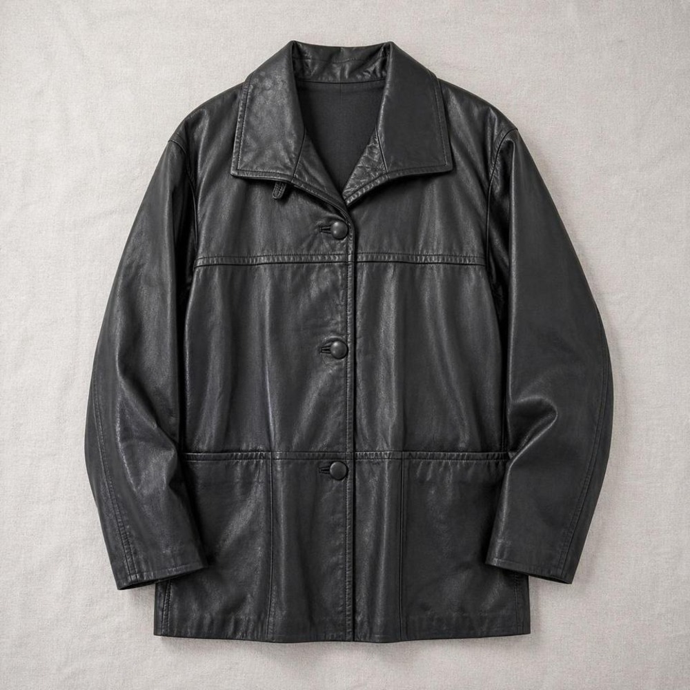 Donna Pelle Black Leather Coat Womens Medium Longline 100% Leather 90s Classic
